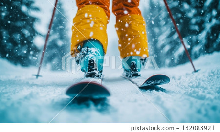 Downhill Skiing Athlete Carving Through Winter Snow, Capturing the Thrill of the Slopes 132083921