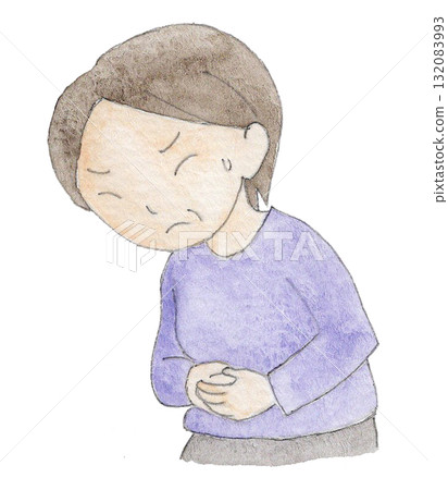 Illustration of an elderly woman holding her stomach in pain 132083993