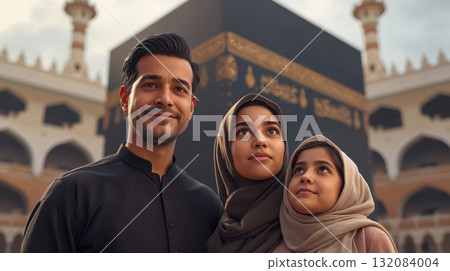 Family of three standing together in front of a Holy Kaaba in Mecca, showcasing cultural attire and expressions of devotion in a serene atmosphere 132084004