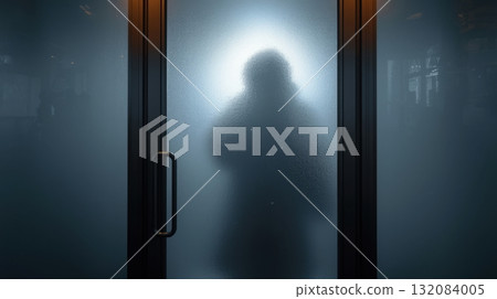 Shadow of Santa Claus behind frosted glass door, creating a mysterious and festive atmosphere, perfect for holiday-themed designs and storytelling 132084005
