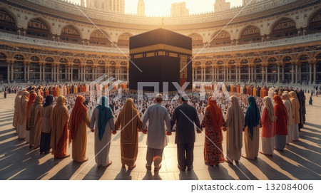 Group of diverse individuals holding hands in a sacred space in Mecca, surrounded by architectural beauty, embodying unity and spiritual connection 132084006