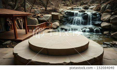 An old wooden barrel, drum, and chair sit on the wet rocks near a flowing waterfall in a green forest. 132084040