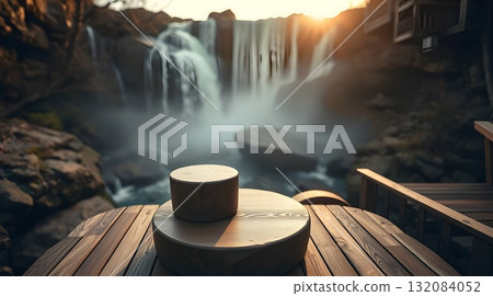 An old wooden barrel, drum, and chair sit on the wet rocks near a flowing waterfall in a green forest. An old wooden barrel, drum, and chair sit on the wet rocks near a flowing waterfall in a green forest. 132084052