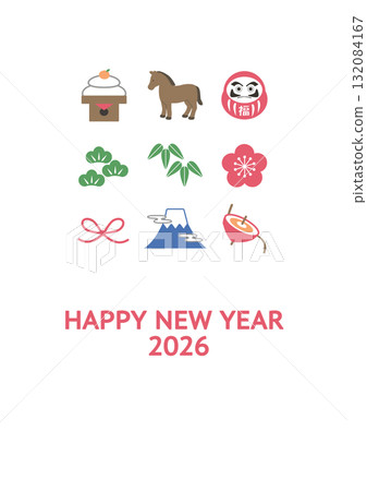 New Year's card 2026 - Simple illustration of a horse and auspicious items - Year of the Horse - Materials: Mt. Fuji, Daruma, Kagami mochi, pine, bamboo, and plum 132084167