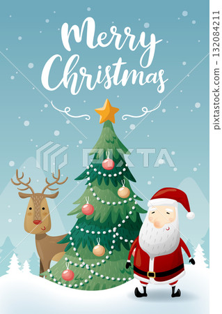 手繪風格可愛聖誕節日圖片卡，聖誕老人，聖誕樹，熟悉的雪景直接公佈海上報告，聖誕邀請卡材料表 132084211