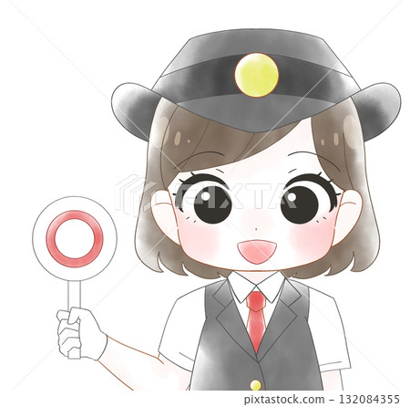 身穿短袖制服的女車站工作人員的可愛水彩插圖 身穿短袖制服的女車站工作人員的可愛水彩插圖 132084355