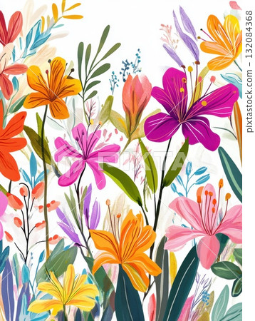 Colorful spring wildflowers illustration, bright floral pattern, botanical artwork, white background 132084368