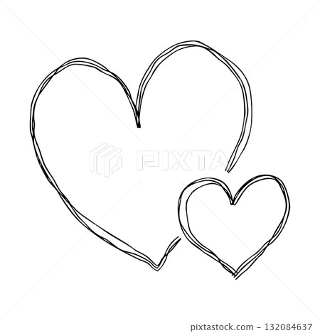 手繪線條圖標，兩顆心，一大一小，依偎在一起。單色塗鴉向量插圖，帶有多條重疊線條 132084637