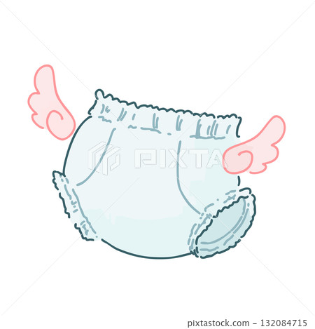 Hand-drawn illustration of a disposable diaper with wings (pants type, for babies) 132084715