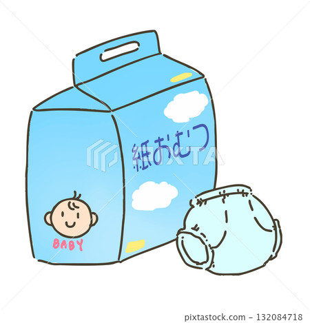一次性尿布包裝和尿布的手繪插圖 一次性尿布包裝和尿布的手繪插圖 132084718