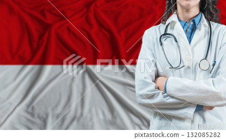 Medical professional on Monaco flag. Healthcare and wellness in Monaco, Concept Medical professional on Monaco flag. Healthcare and wellness in Monaco, Concept 132085282