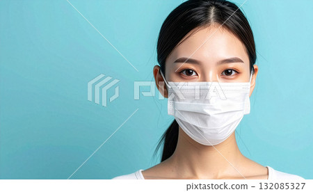 A woman wearing a mask on a light blue background 132085327