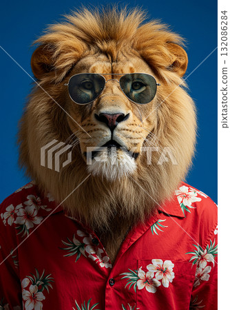 Lion in Aviator Sunglasses and Red Hawaiian Shirt on Blue Background 132086284