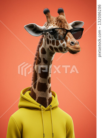 Giraffe in Black Sunglasses and Yellow Hoodie on Orange Background Giraffe in Black Sunglasses and Yellow Hoodie on Orange Background 132086286