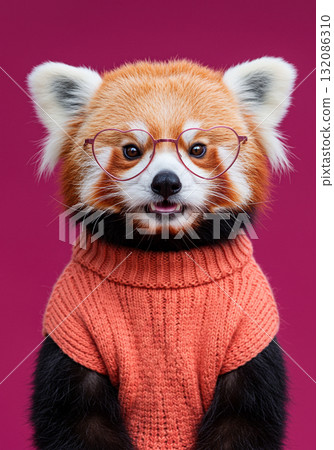 Red Panda in Heart Glasses and Orange Knit Sweater on Pink Background Red Panda in Heart Glasses and Orange Knit Sweater on Pink Background 132086310