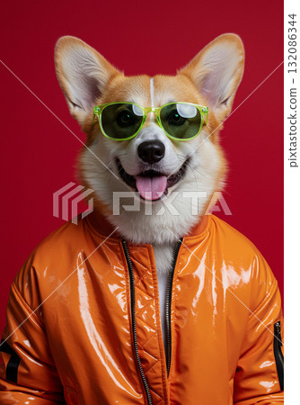 Corgi in Neon Green Sunglasses and Orange Bomber Jacket on Red Background 132086344