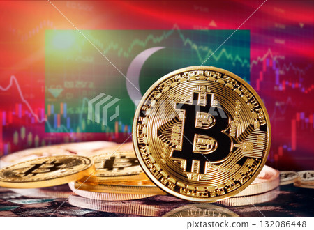 Bitcoin with Maldives flag in the background. Investors in cryptocurrency and Blockchain Technology in Maldives, Concept Bitcoin with Maldives flag in the background. Investors in cryptocurrency and Blockchain Technology in Maldives, Concept 132086448