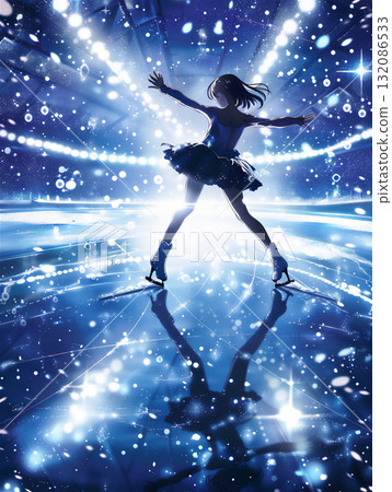 閃閃發光的背景中,一名女子在冰上跳舞的剪影 閃閃發光的背景中,一名女子在冰上跳舞的剪影 132086533