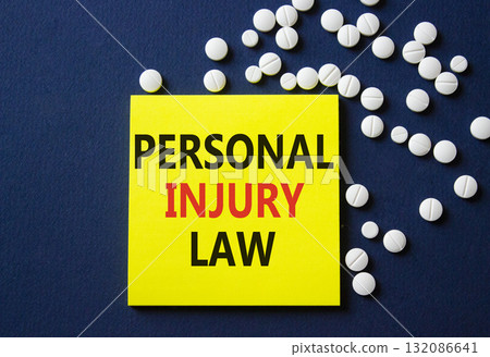 Personal Injury Law symbol. Concept words Personal Injury Law on yellow note. Beautiful deep blue background with pills. Healthcare and Personal Injury Law concept. Copy space. Personal Injury Law symbol. Concept words Personal Injury Law on yellow note. Beautiful deep blue background with pills. Healthcare and Personal Injury Law concept. Copy space. 132086641