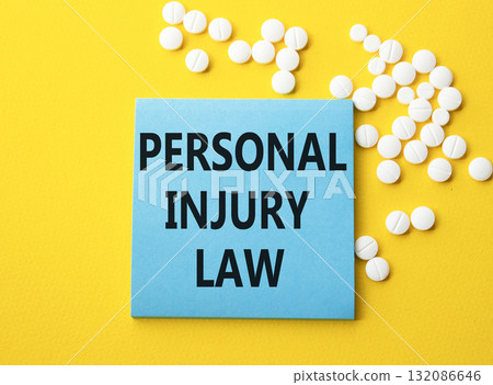 Personal Injury Law symbol. Concept words Personal Injury Law on blue note. Beautiful yellow background with pills. Healthcare and Personal Injury Law concept. Copy space. 132086646