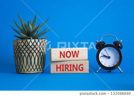 Now Hiring symbol. Wooden blocks with words Now Hiring. Beautiful blue background with alarm clock and succulent plant. Business and Now Hiring concept. Copy space. Now Hiring symbol. Wooden blocks with words Now Hiring. Beautiful blue background with alarm clock and succulent plant. Business and Now Hiring concept. Copy space. 132086680