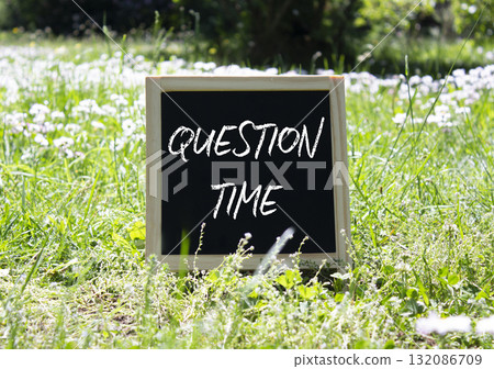 Question Time symbol. Concept word Question Time on chalk blackboard. Beautiful meadow background. Business and Question Time concept. Copy space. Question Time symbol. Concept word Question Time on chalk blackboard. Beautiful meadow background. Business and Question Time concept. Copy space. 132086709