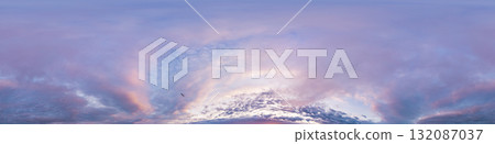 Sunset sky with bright glowing pink Cumulus clouds. Seamless spherical HDR 360 panorama. Full zenith or sky dome in 3D, sky replacement for aerial drone panoramas. Climate and weather change. Sunset sky with bright glowing pink Cumulus clouds. Seamless spherical HDR 360 panorama. Full zenith or sky dome in 3D, sky replacement for aerial drone panoramas. Climate and weather change. 132087037