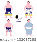 Vector illustration of four patterns of sumo wrestlers (mawashi, kesomawashi, yokozuna, yukata) and a fan 132087268