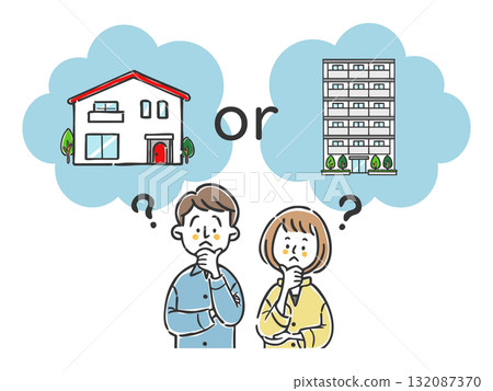 A couple wondering whether to live in an apartment or a house Vector A couple wondering whether to live in an apartment or a house Vector 132087370