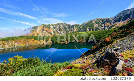 Spectacular views of Mikurigaike Pond and the Tateyama mountain range on the Tateyama Kurobe Alpine Route in Toyama Prefecture 132087379
