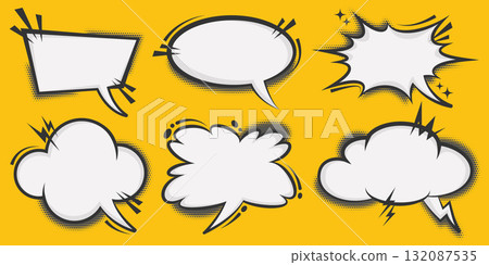 Manga speech bubble shapes. Comic frame for text with pop art halftone effect. Balloon chat shape for dialog. Vector cloud for shock shout and scream action messages. Irregular cartoon decorations 132087535