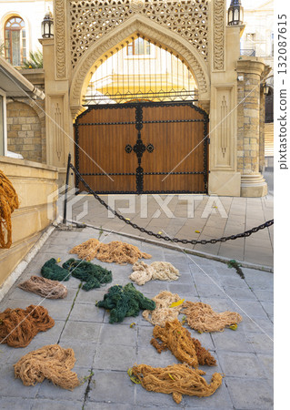 typical wooden gate in the old center of Baku, Azerbaijan 132087615