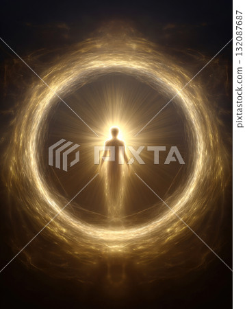 Luminous spiritual figure within a radiant golden light portal, emerging from a vibrant, ethereal ring of energy, powerfully symbolizing awakening, enlightenment, meditation, the soul 132087687
