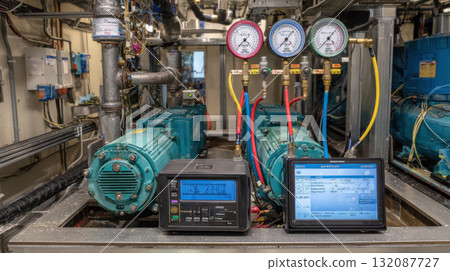 Detailed shot of a complex industrial machine room. Two large teal motors are in the background, with bright analog pressure gauges and two digital monitoring devices in the foreground 132087727