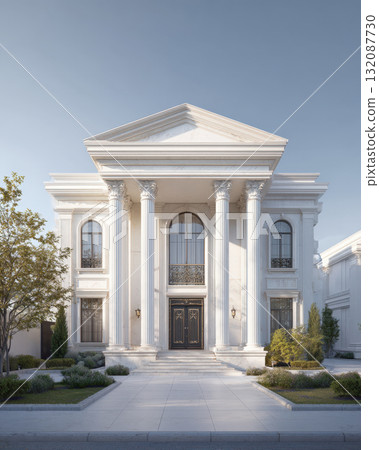 Majestic neoclassical mansion facade built with white marble, featuring a portico with tall corinthian column, pediment. The grand, symmetrical architecture with ornate black doors symbolizes luxury 132087730