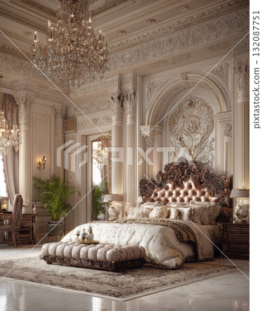 A lavish and highly detailed interior view of a neo-classical or Baroque-style master bedroom. The space is characterized by intricate gold and white ornate wall paneling, towering columns 132087751
