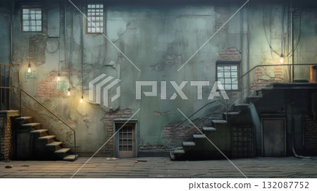 dark, atmospheric interior or urban space featuring a heavily weathered wall with peeling green paint, exposed red brick, multiple windows with grates. The scene includes two rough concrete staircases 132087752
