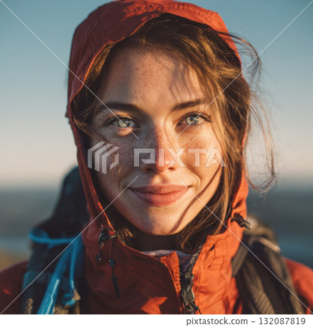 Close-up portrait of smiling young woman wearing outdoor jacket with a hood. Her freckles and intense blue eyes convey authenticity and the spirit of adventure, hiking, and healthy outdoor lifestyle 132087819
