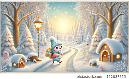 A cute penguin walks along a snowy forest path on his winter journey, and a fairytale world wrapped in warm light. 132087853