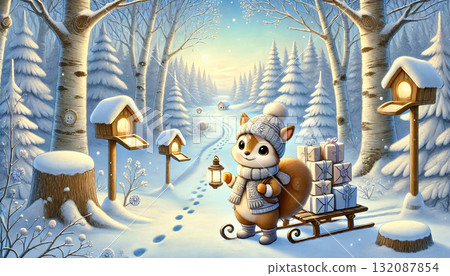 這是一個冬天的故事，一隻松鼠提著燈籠，在白雪皚皚的森林裡送禮物，周圍是溫暖宜人的風景 132087854