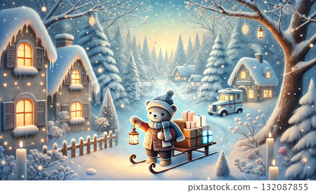 這是一個溫暖的冬日故事，講述了一隻熊在雪夜裡提著燈籠送禮物，以及燈火通明的森林城鎮景觀。 132087855
