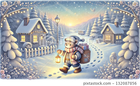 這是一個溫馨的冬季故事，講述一隻熊提著燈籠走在雪林小路上並送禮物的故事。 132087856