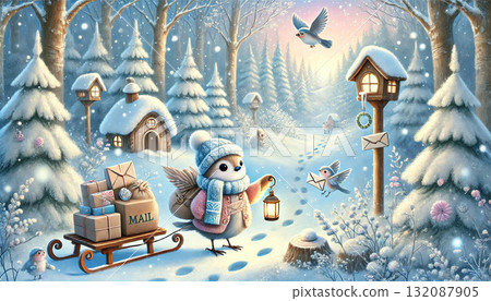 冬季奇幻插畫:一位可愛的郵差提著燈籠,和幾隻小鳥在雪林裡送信 冬季奇幻插畫:一位可愛的郵差提著燈籠,和幾隻小鳥在雪林裡送信 132087905