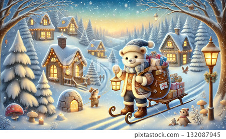 一幅溫馨的冬季奇幻插畫,描繪了一隻白熊提著燈籠,拉著裝滿禮物的雪橇,前往白雪皚皚的村莊 一幅溫馨的冬季奇幻插畫,描繪了一隻白熊提著燈籠,拉著裝滿禮物的雪橇,前往白雪皚皚的村莊 132087945