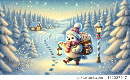 一幅溫馨的奇幻插圖，描繪了一隻鳥郵差提著燈籠，帶著禮物穿過冬日森林。 132087947