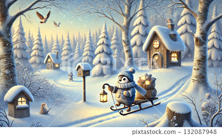 幻想插圖：一隻可愛的企鵝郵差提著燈籠乘坐雪橇穿過冬季森林和白雪皚皚的村莊 132087948