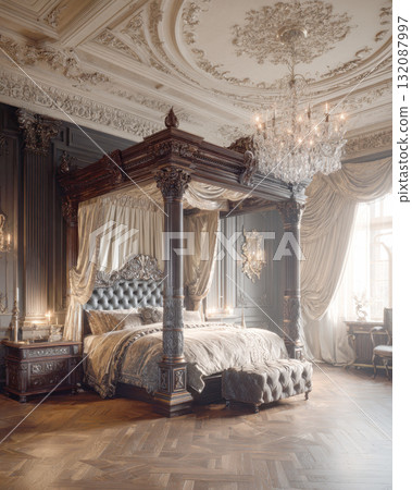 Majestic Interior View of an Exquisitely Designed Neoclassical or Baroque Master Bedroom, Centered on a Dark Wood, Ornate Four-Poster Canopy Bed, Complete with Tufted Headboard, Luxurious Silk Drapes 132087997