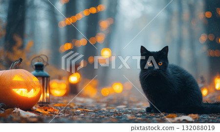 An atmospheric Halloween portrait of a gorgeous black cat with bright orange eyes, sitting in an autumn forest next to a glowing jack-o'-lantern. Ethereal fog and warm bokeh lights create a mysterious 132088019