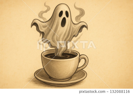 Spooky ghost emerging from hot coffee cup morning surprise concept for Halloween. spirit rises from steam with shocked and paranormal expression 132088116