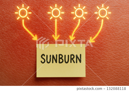 Sunburn skin macro with red irritated surface and glowing UV ray icon. sticky note on damaged skin presents an educational dermatology visualization about sun protection 132088118